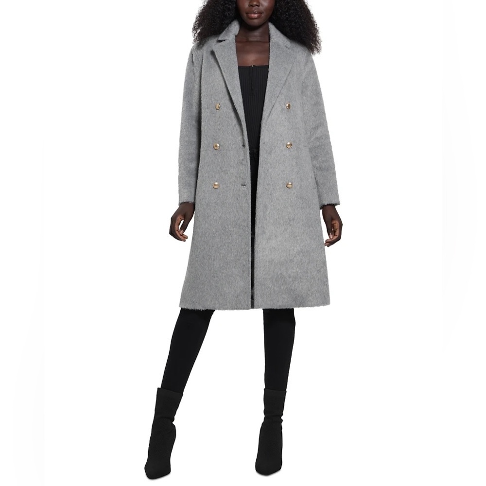 GUESS Textured Wool Blend Double Breasted Coat Light Stone Heather Size S NWT